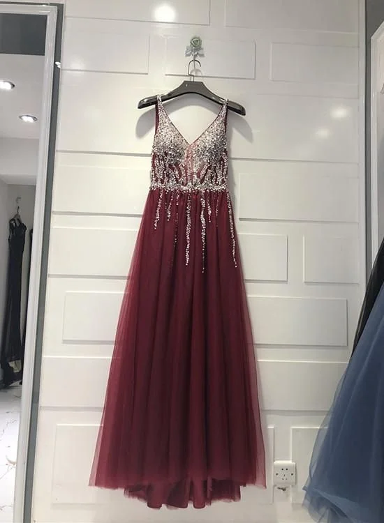 Charming Sparkle Sequins And Beaded Burgundy Party Dress, V-neckline Prom Dress    cg22088 Tunics Essential wardrobe