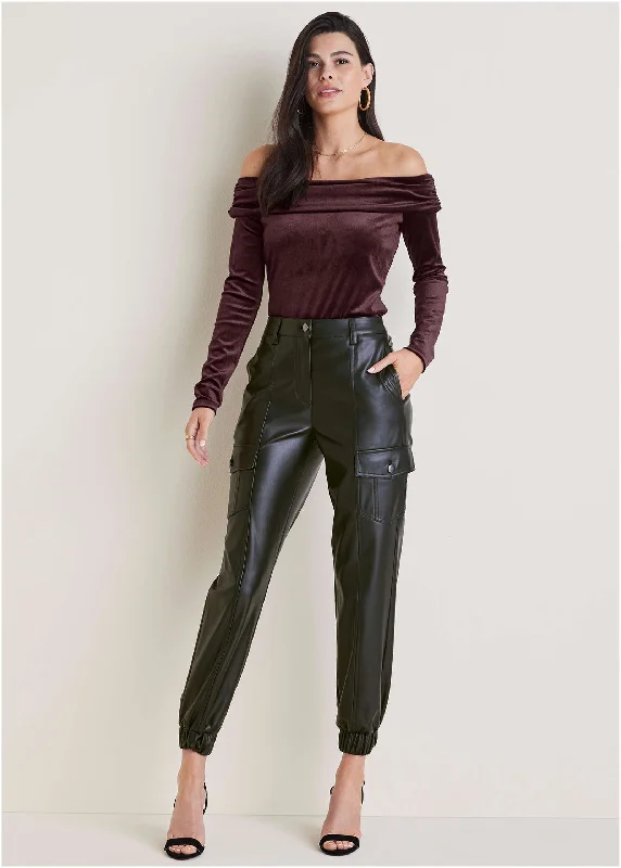 Faux Leather Cargo Pants  - Black Stylish Slim Trousers