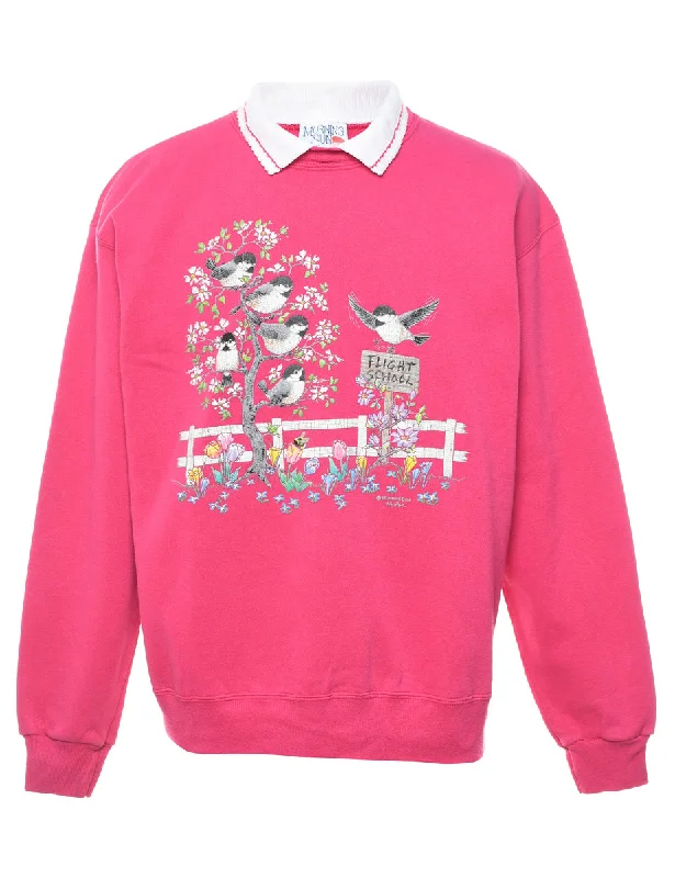 Pink Printed 1990s Bird Design Sweatshirt - L Hoodie with Fur Luxurious Winter