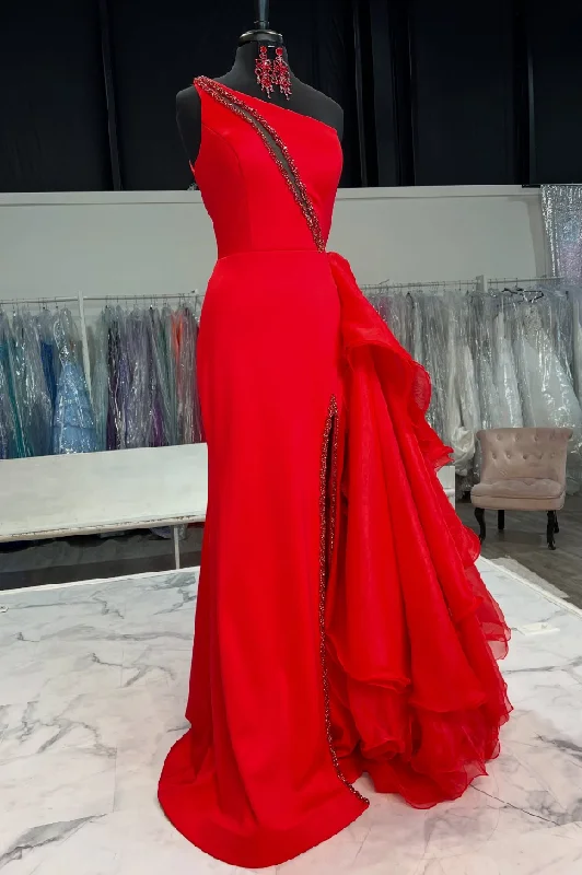 Red One Shoulder Sleeveless Beaded Prom Party Dress Bodycon Fitted Nightout