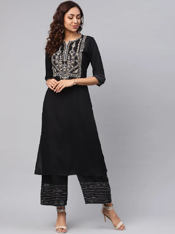 Women's Embroidered Black Kurta With Palazzo Pants - Idalia Stylish Slim Trousers