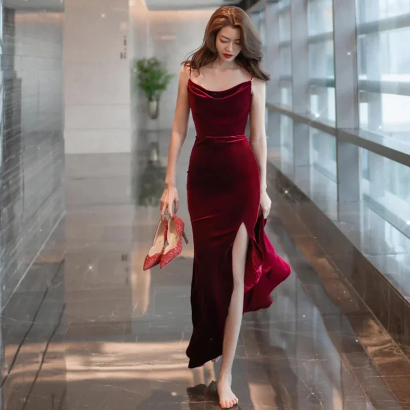 Burgundy Velvet Sexy Mermaid Slit Long Evening Dress, Backless Prom Dress Party Dress    cg22168 Tunics Chic elegant