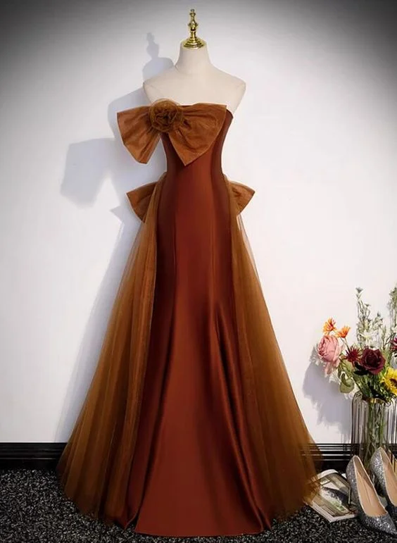 Brown Tulle and Satin Mermaid Long Party Dress, New Style Long Formal Dress Prom Dress      cg25058 sweetheart Neckline Romantic