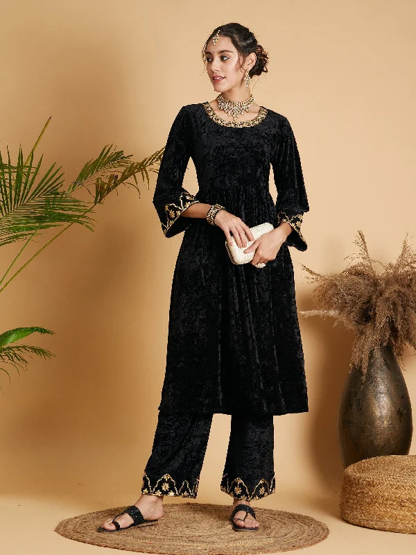 Lyush Women Black Velvet Embroidered Dress With Pants Casual Skinny Fit Pants