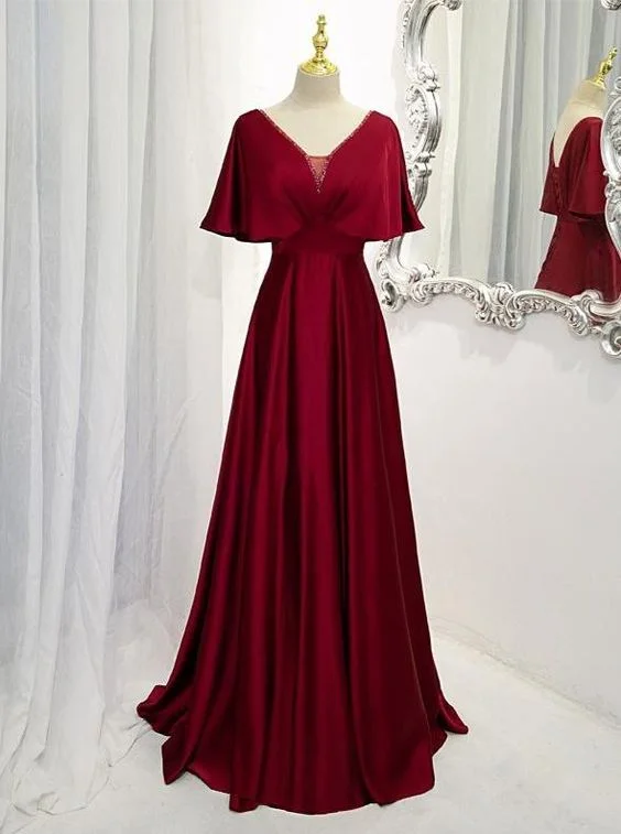 Dark Red Satin A-line Floor Length Evening Prom Dress, Wine Red Wedding Party Dresses       cg24707 Chiffon Maxi Beach