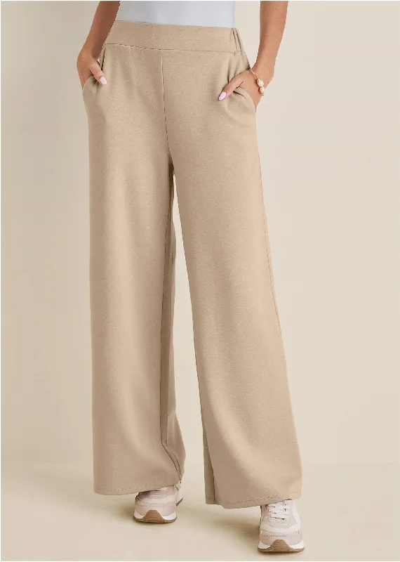 Double Knit Wide Leg Pants - Tan Stylish Elastic Waist Pants