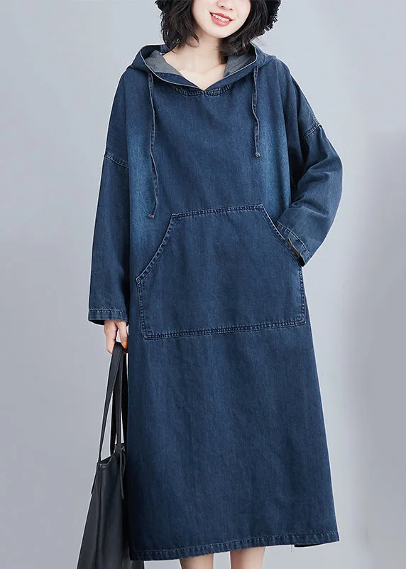 Italian Navy Hooded Oversized Denim Sweatshirt Dress Summer Hoodie with Gradient Ombre Colorful