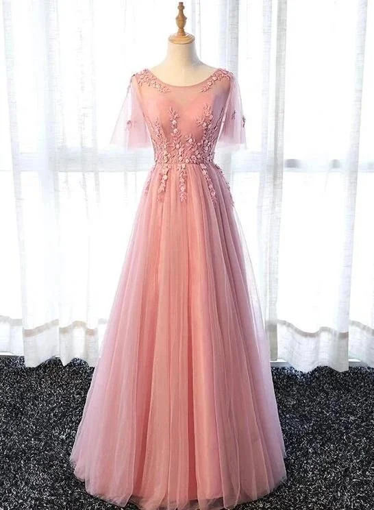 Pink Tulle A-line Long Party Dress Prom Dresses          cg23572 Turtleneck Neckline Stylish