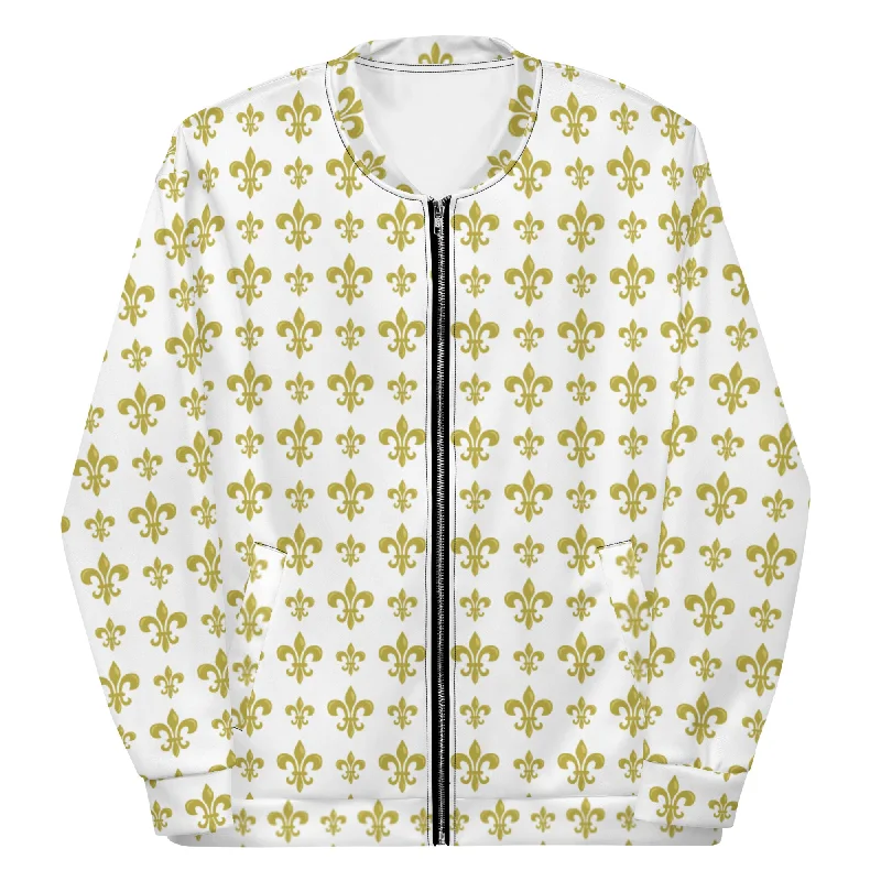 Fleur De Lis White & Gold Unisex Bomber Jacket Luxe Faux Suede Bomber