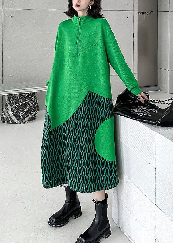 Fine Green Stand Collar Patchwork Print Cotton Sweatshirt Dress Spring Hoodie with Cuffed Sleeves Snug Secure