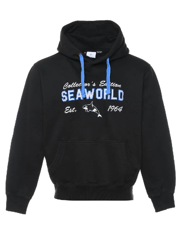 Sea World Black Printed Hoodie - L Hoodie with Side Slits Relaxed Casual