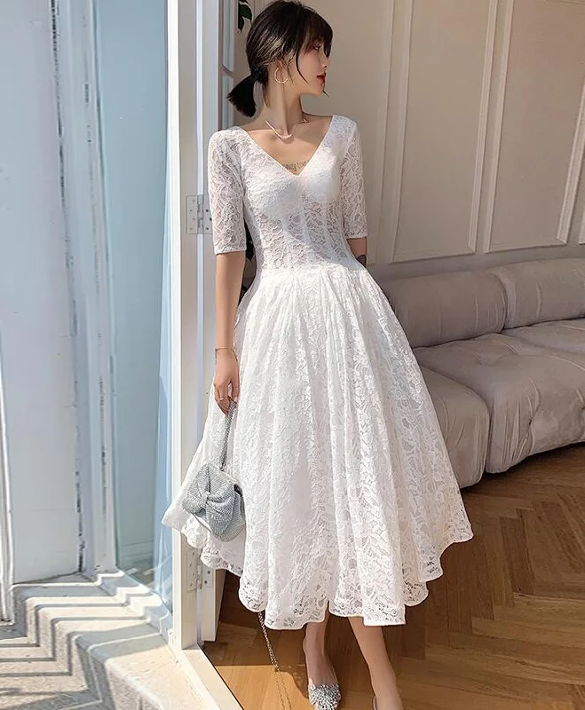 White Lace Short Sleeves Tea Length Wedding Party Dress, White Graduation Dresses Prom Dress       cg23137 Tunics Designer luxury