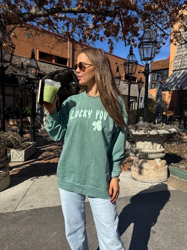 St. Patrick's Day Lucky You Puff Ink Light Green CC Sweatshirt Hoodie with Raw Hem Edgy Unfinished