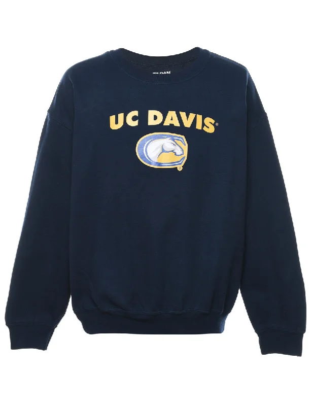 Navy & Yellow UC Davis Printed Sweatshirt - L Hoodie with Double Zipper Versatile Adjustable