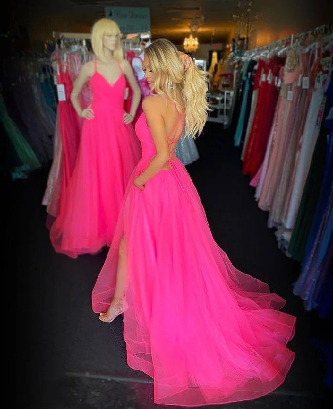 Spaghetti Straps Tulle A-Line Evening Prom Dress Pink Simple vestidos de festa longo Formal Party Dress Side Split    cg12444 sweetheart Neckline Romantic