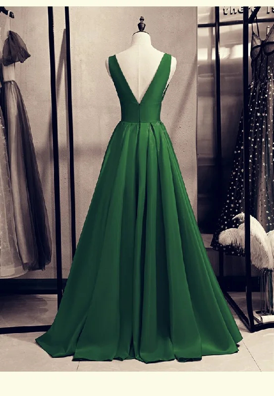 Green Satin V-Neckline Low Back Floor Length Prom Dress Evening Dress, Green Party Dress Formal Dress   cg22276 Tunics Travel practical