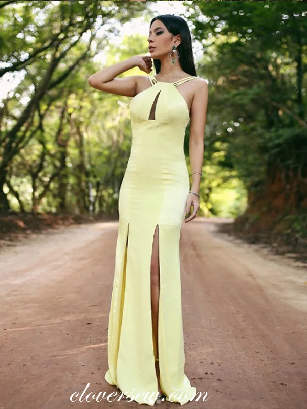 Light Yellow Spaghetti Strap Backless Sheath With Slit Party Dresses, CP0540 Tunics Party sparkling