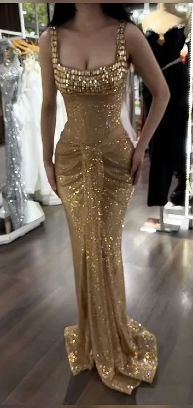 Gold Straps Mermaid Beading Long Party Dress Evening Gown, DP4159 Crew Neckline Casual