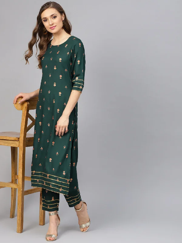 Women's Dark Green Gold Print Kurta With Pants - Idalia Casual Wide Pants