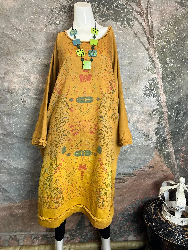 TBG Artdeco Sweatshirt Dress-YEllow Hoodie with Hem Fringe Bohemian Relaxed