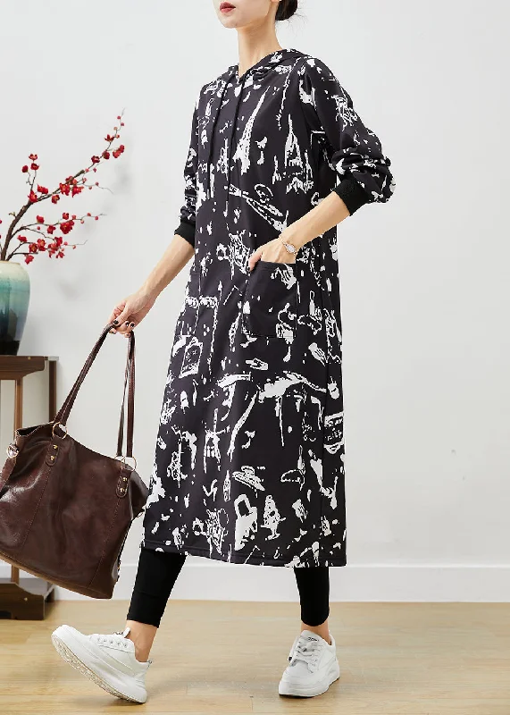 Black Print Cotton Sweatshirt Dress Hooded Pockets Fall Hoodie with Crew Neck Simple Timeless