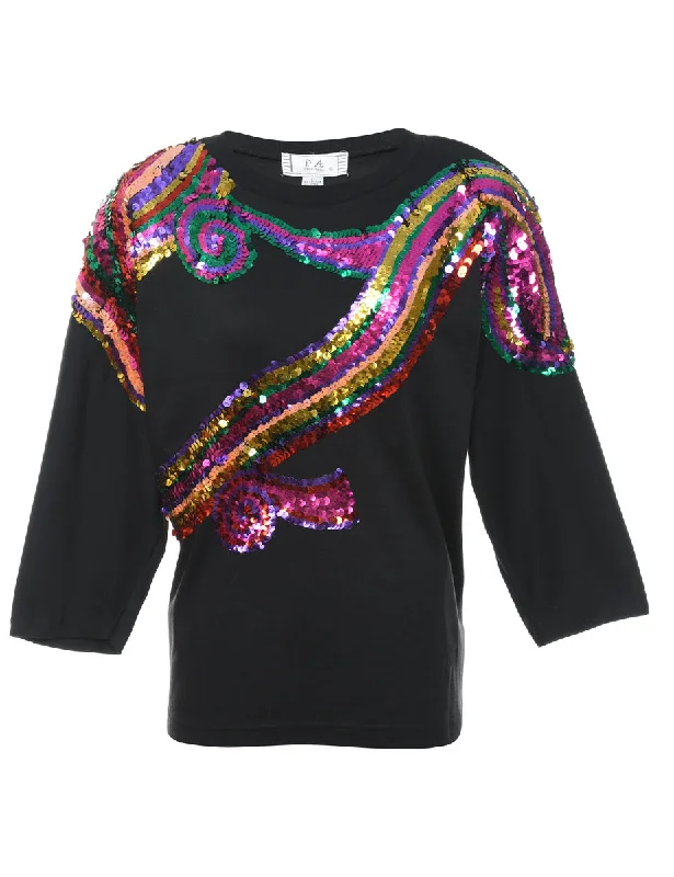 Black & Multi-Colour Sequined Sweatshirt - L Hoodie with Elastic Waist Stretchable Comfortable