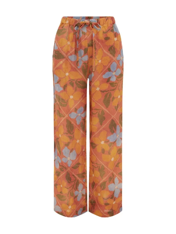 Celine Pants | Floreale Rosso Trendy High-Waist Trousers