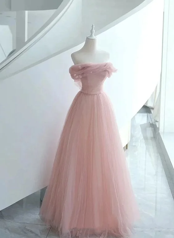 Pink Tulle Scoop A-line Floor Length Party Dress, Pink Off Shoulder Formal Dress Prom Dress    cg25013 Tunics Running lightweight