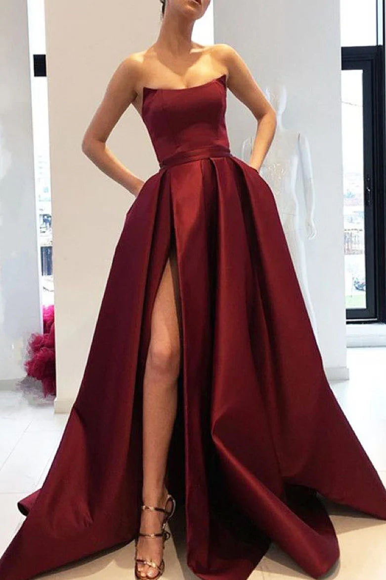 Bateau Strapless Satin A-Line Prom Party Dress With Slit Tunics Stylish elegant