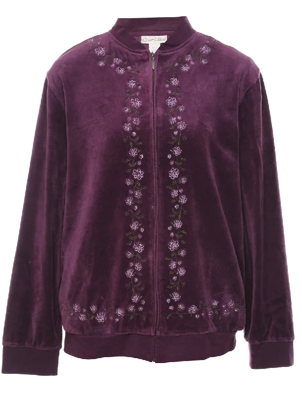 Plum Embroidered Sweatshirt - L Hoodie with Stripes Bold Sporty