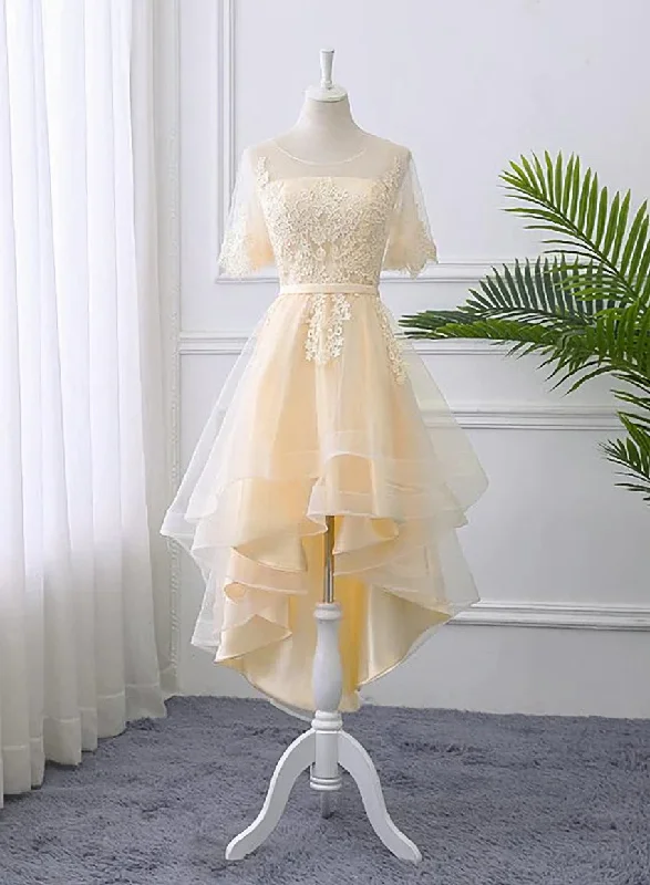 Adorable Light Champagne High Low Party Dress with Lace Applique, Short Homecoming Dress Tunics Trousers formal