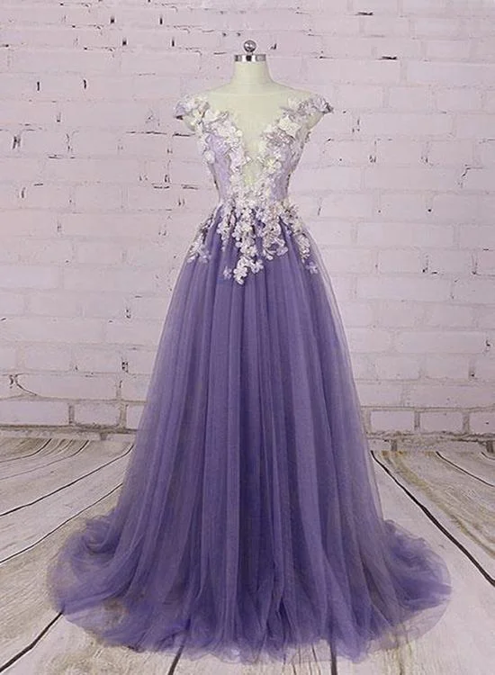 Light Purple Tulle Floral Long A-Line Prom Dress Wedding Party Dress, Lace Flowers Party Dress    cg22375 Tunics Corduroy durable