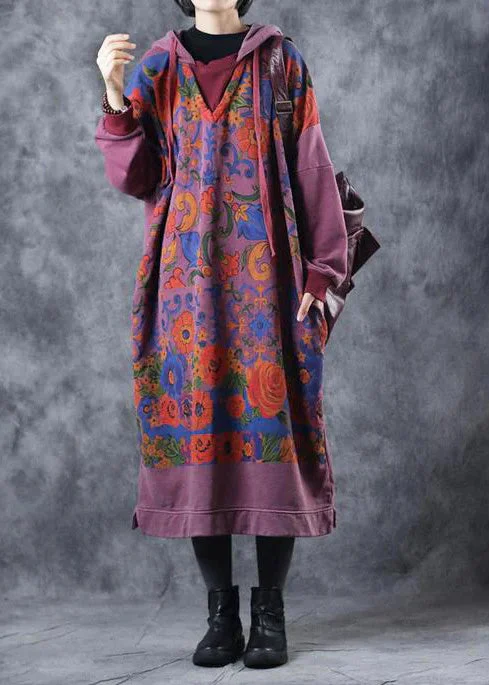 Vintage Loose Hoodie Print Long Fleece Dresses Hoodie with Applique Textured Unique