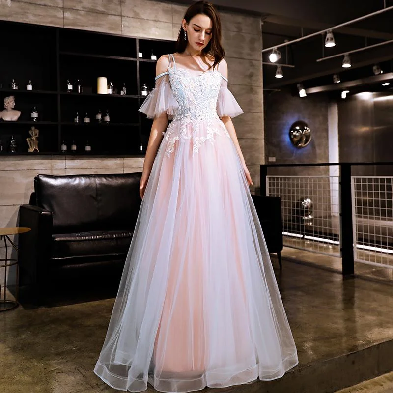 Blue And Pink Off Shoulder Floor Length With Lace Applique Party Dress, Pink Formal Dress Prom Dress       cg22961 Tunics Chic elegant