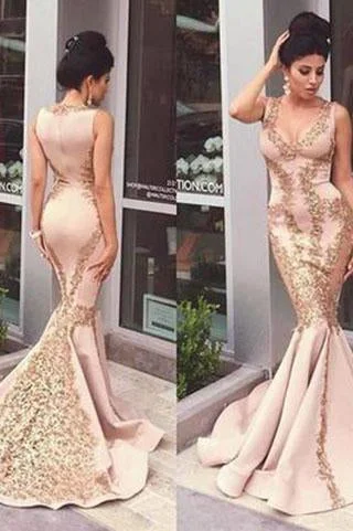 Lace Applique Mermaid Long Gold V-Neck Ruffles Sexy Straps Evening Dresses Party Dresses Square Neckline Feminine