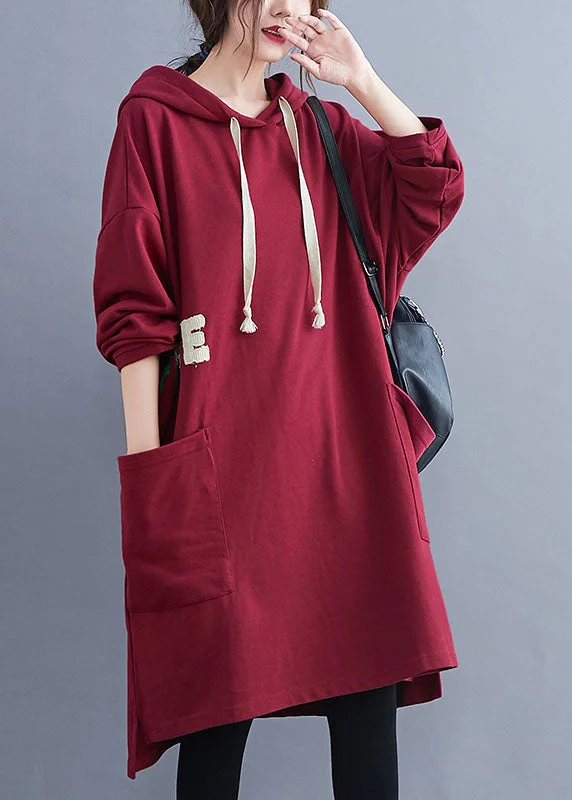 French Red Hooded Graphic Cotton Sweatshirt dress Winter Hoodie with Embroidery Detailed Premium