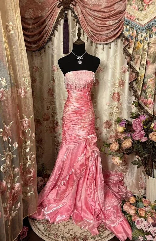 Pink Strapless Mermaid Satin Long Party Dress Evening Gown, DP4377 Glittery Long Formal