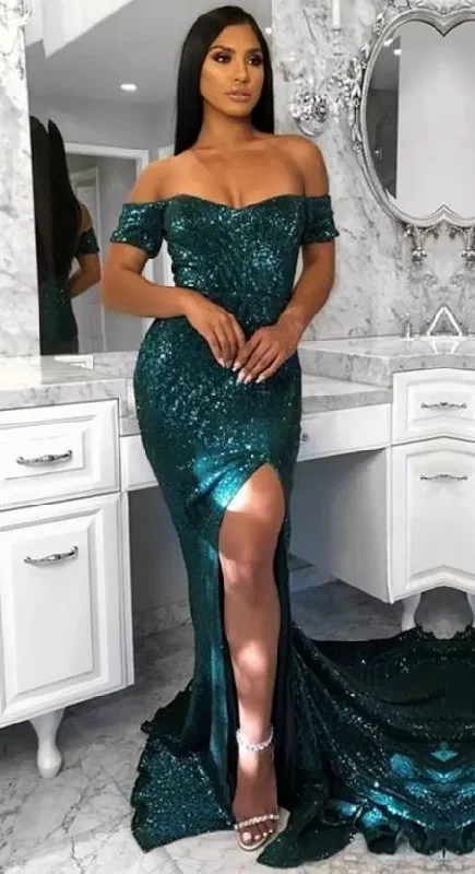 Off-Shoulder Prom Dresses Sweep Train Side Split Long Mermaid Party Dresses  cg5390 Tunics stripes playful