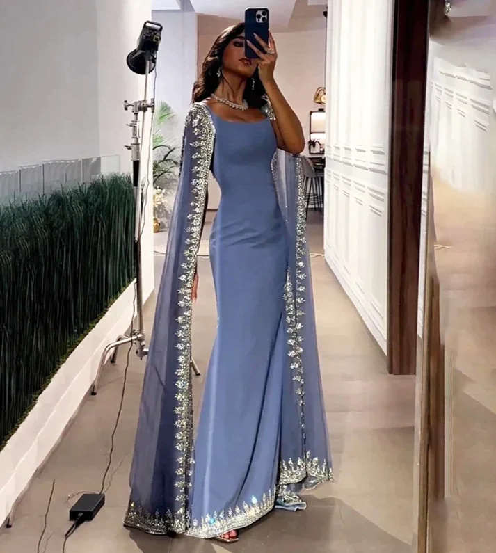 Dusty Blue Mermaid Appliques Beading Long Party Dress with Cape Sleeves,DP500 Tunics Prom sequined