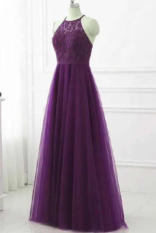 Purple Halter Tulle With Lace Applique Long Prom Dress, A-Line Floor Length Party Dress   cg18202 Pleated Skirt Elegant