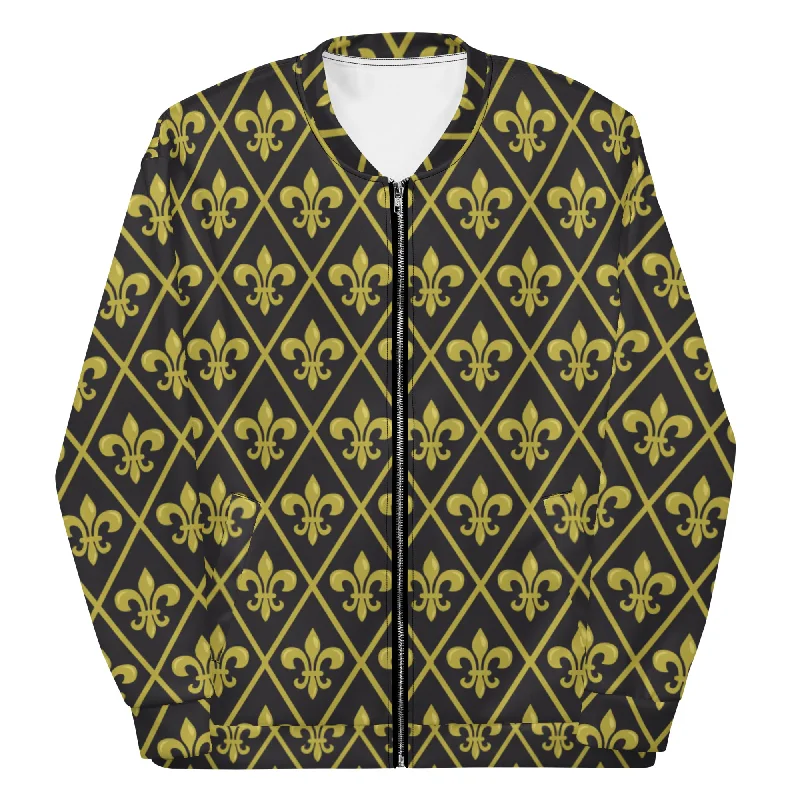 Fleur De Lis Black & Gold II Unisex Bomber Jacket Patchwork Trendy Bomber