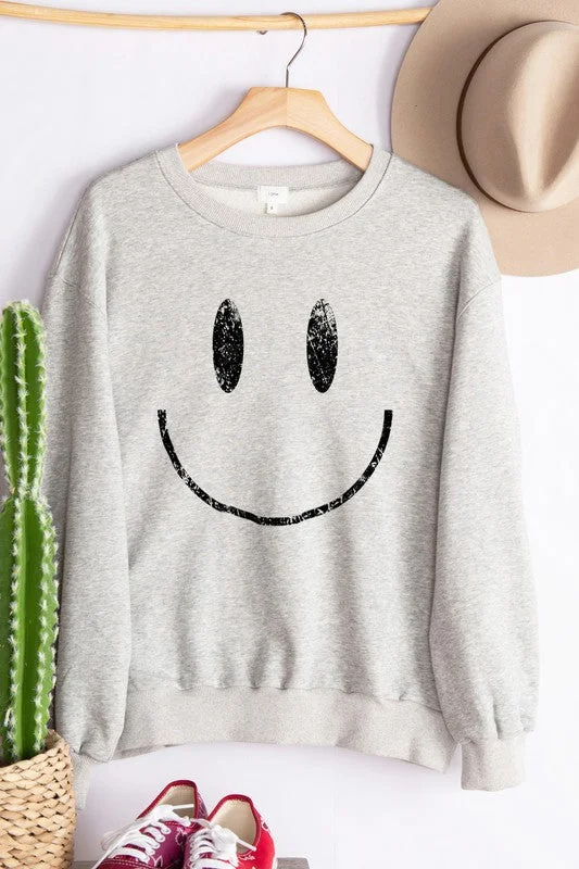 Smile Face Graphic Print Sweatshirt Hoodie with Hem Patch Decorative Personalized