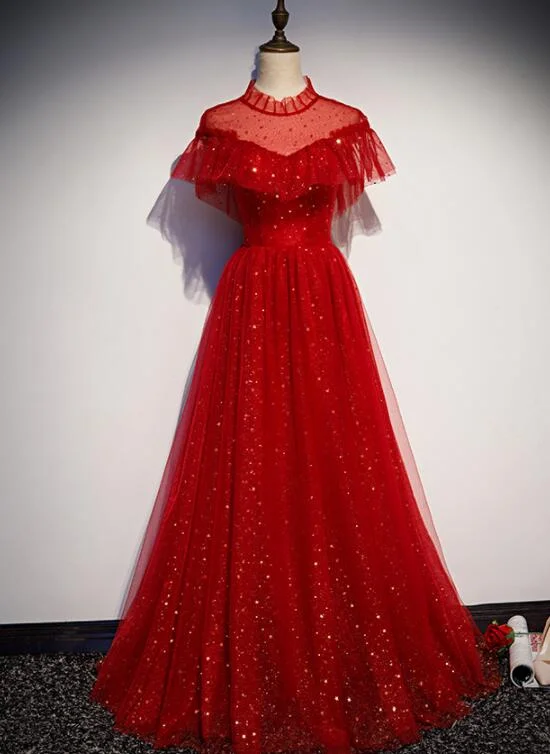 Red Sequins Tulle High Neckline Long Shiny Prom Dress, Red Long Evening Dress Party Dress    cg22117 Tunics Brand named