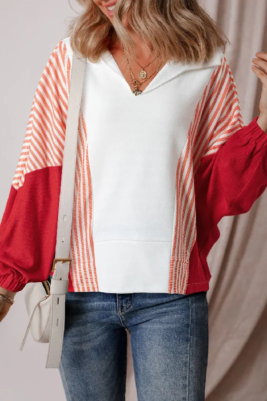 Striped Color Block Collared V Neck Oversized Sweatshirt Oversized Hoodie Comfort Casual