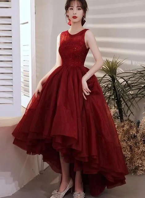 Wine Red Organza Lace High Low Chic Party Dresses Prom Dress     cg22981 Tunics Luxurious premium