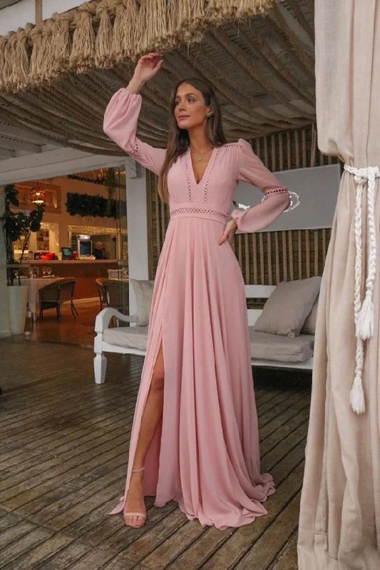 V Neck Long Sleeves Pink Holiday Dress with Appliques, Split Evening Party Dress Prom Dresses     cg20129 High-Low Hemline Casual