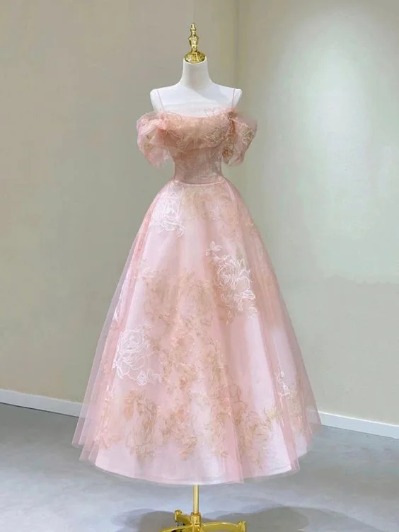 Pink Spaghetti Strap Tulle Lace Short Prom Dress, Cute A-Line Party Dress       cg25029 Tunics Silk luxurious