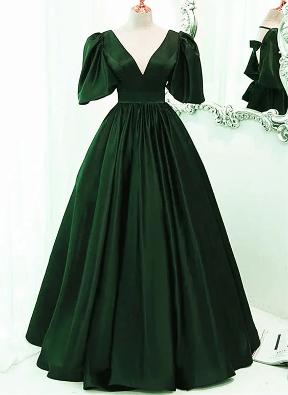 Green Satin Short Sleeves Long Party Dress, Green Floor Length Evening Dress Prom Dress   cg25042 Tunics Polka dots