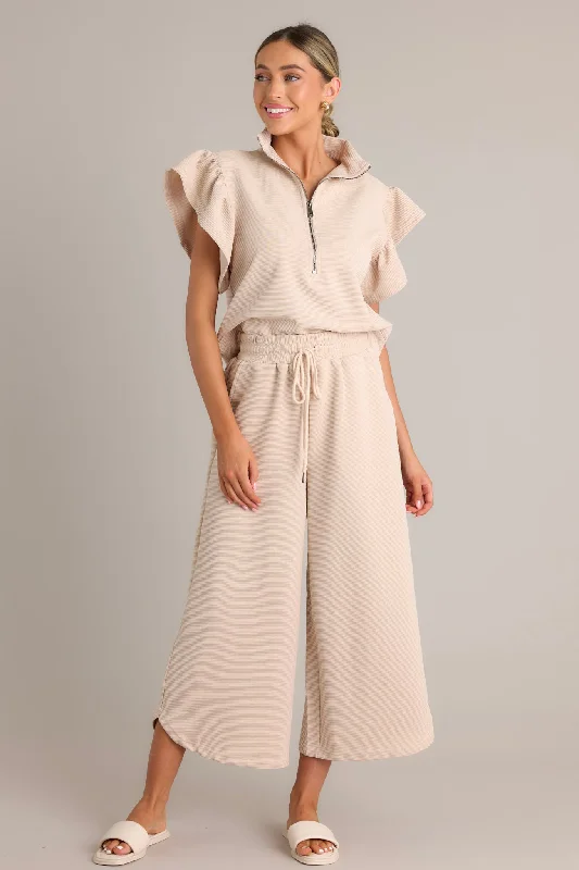 Sand Dune Tan Ribbed Wide Leg Pants Relaxed Fit Trousers