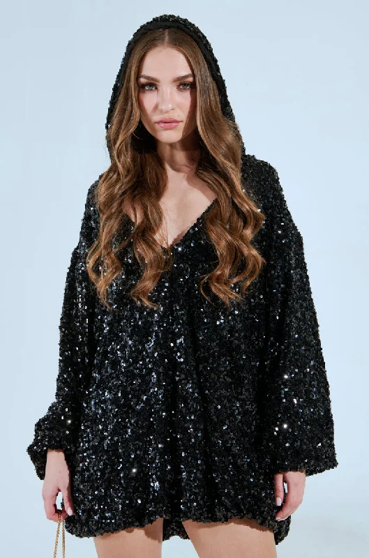 GISELLE SEQUIN SWEATSHIRT DRESS Hoodie with Hem Elastic Stretchable Comfortable